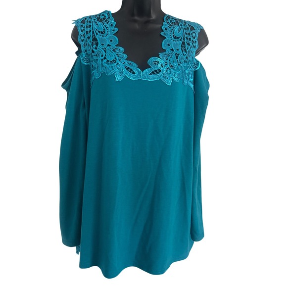 Jou Jou Womens Top 1X Turquoise Cold Shoulder Lace Trim Long Sleeve Blouse QVC - Picture 2 of 7